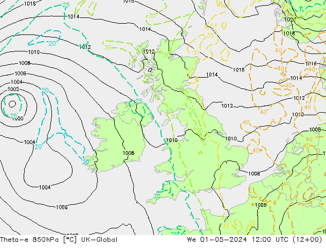 Theta-e 850hPa UK-Global mer 01.05.2024 12 UTC