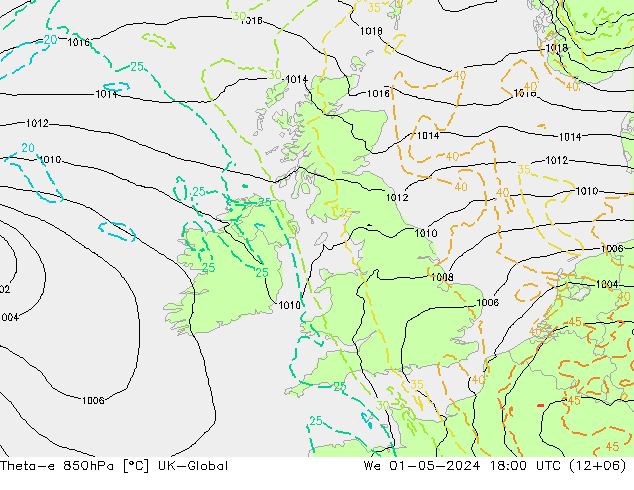 Theta-e 850hPa UK-Global St 01.05.2024 18 UTC