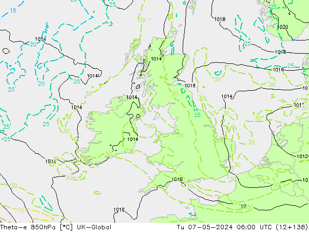 Theta-e 850hPa UK-Global Sa 07.05.2024 06 UTC