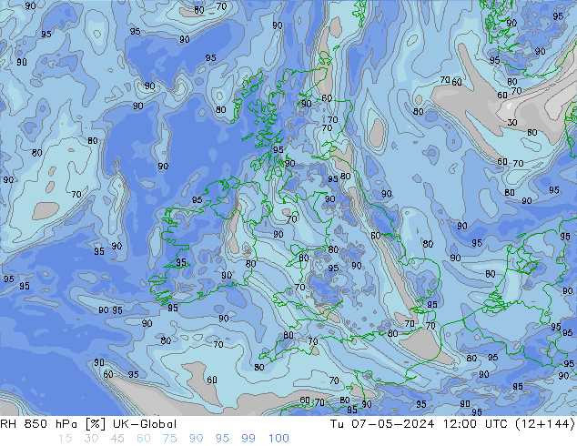 Humedad rel. 850hPa UK-Global mar 07.05.2024 12 UTC