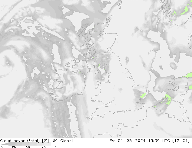 Bewolking (Totaal) UK-Global wo 01.05.2024 13 UTC