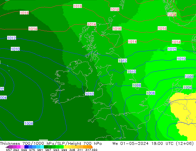 Thck 700-1000 hPa UK-Global St 01.05.2024 18 UTC