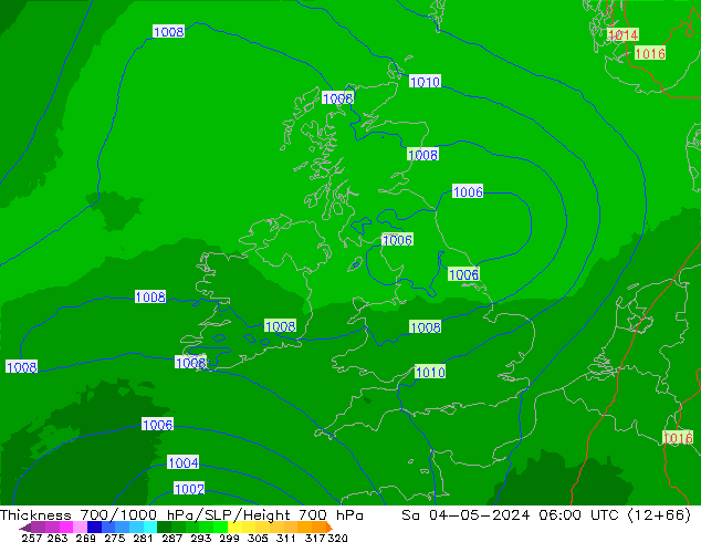 Espesor 700-1000 hPa UK-Global sáb 04.05.2024 06 UTC