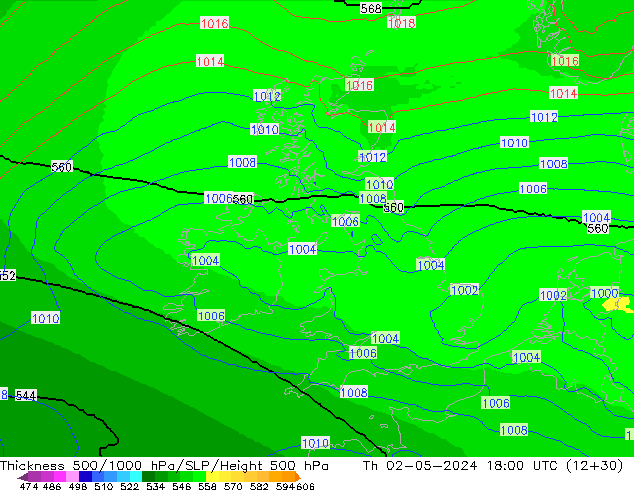 Thck 500-1000hPa UK-Global gio 02.05.2024 18 UTC