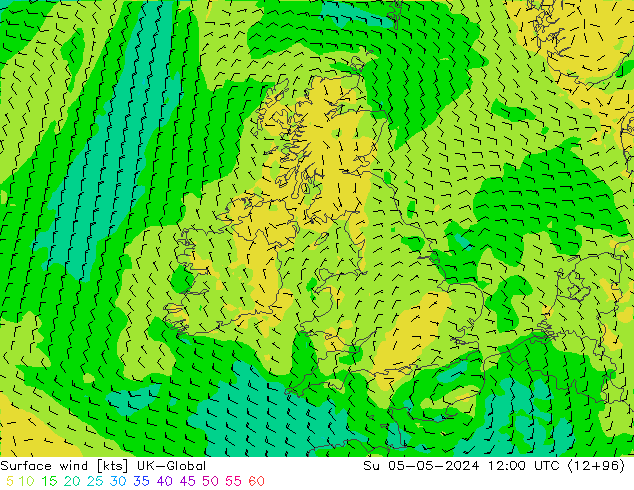 Viento 10 m UK-Global dom 05.05.2024 12 UTC