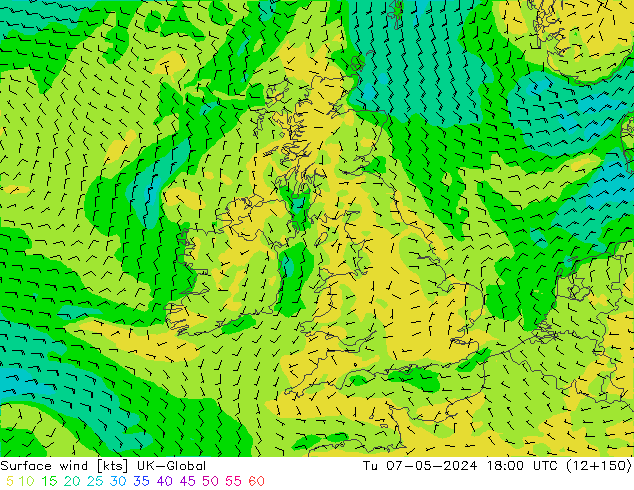 Surface wind UK-Global Út 07.05.2024 18 UTC