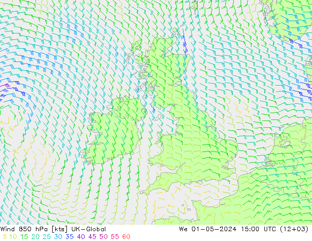 Wind 850 hPa UK-Global We 01.05.2024 15 UTC