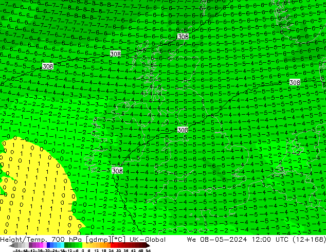 Height/Temp. 700 hPa UK-Global  08.05.2024 12 UTC