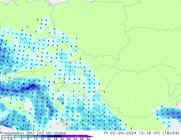 Precipitation (6h) UK-Global Th 02.05.2024 18 UTC