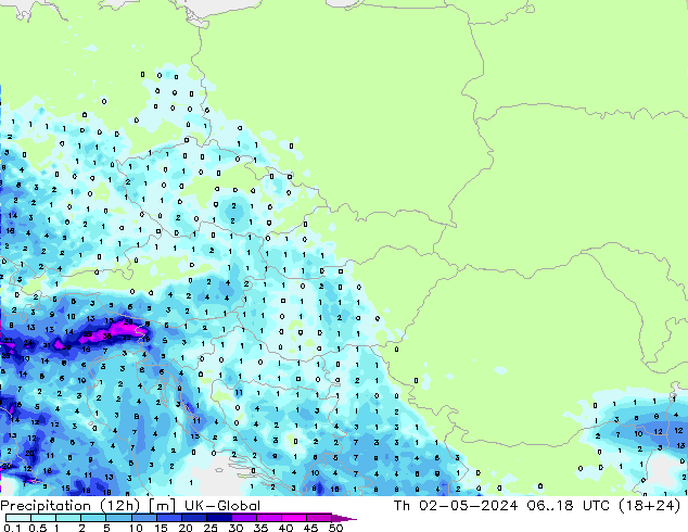 Précipitation (12h) UK-Global jeu 02.05.2024 18 UTC
