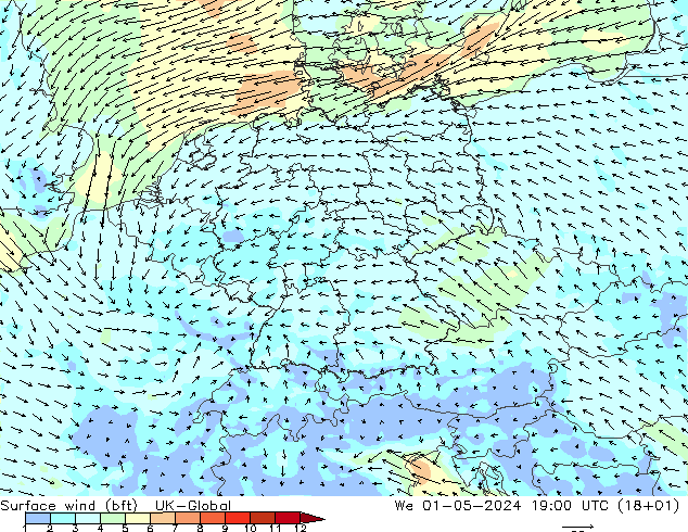 Viento 10 m (bft) UK-Global mié 01.05.2024 19 UTC