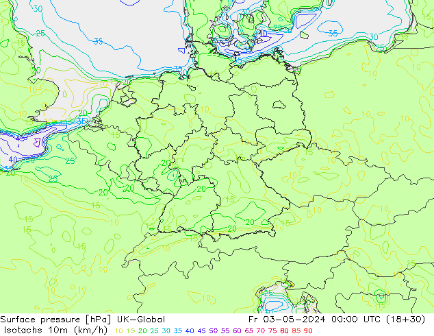 Isotachen (km/h) UK-Global vr 03.05.2024 00 UTC