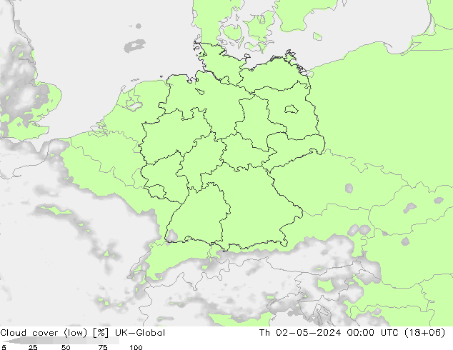 Cloud cover (low) UK-Global Th 02.05.2024 00 UTC