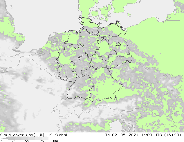 Cloud cover (low) UK-Global Th 02.05.2024 14 UTC