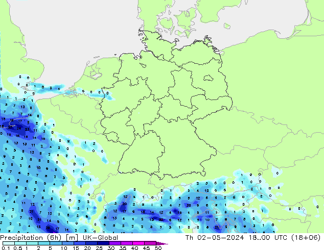 Precipitation (6h) UK-Global Th 02.05.2024 00 UTC