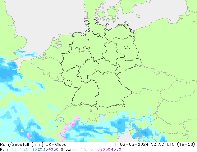 Rain/Snowfall UK-Global 星期四 02.05.2024 00 UTC