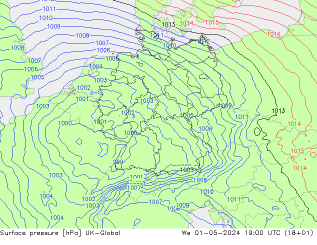 Surface pressure UK-Global We 01.05.2024 19 UTC