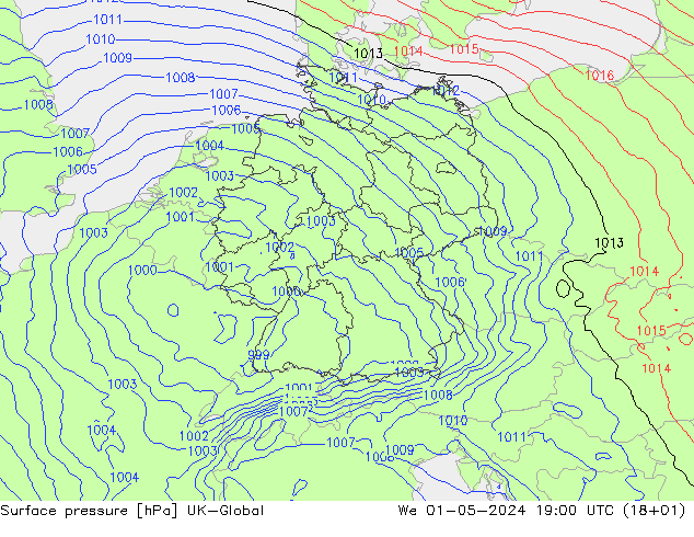 Presión superficial UK-Global mié 01.05.2024 19 UTC