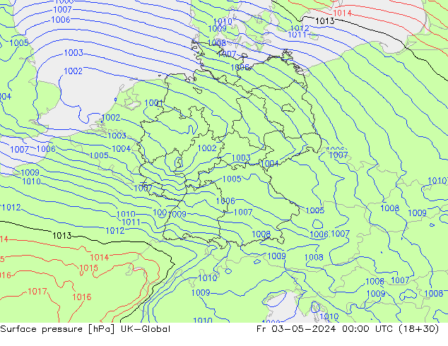 Pressione al suolo UK-Global ven 03.05.2024 00 UTC