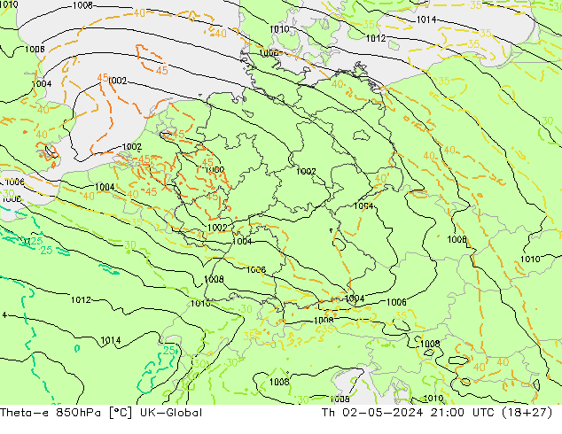 Theta-e 850hPa UK-Global Qui 02.05.2024 21 UTC
