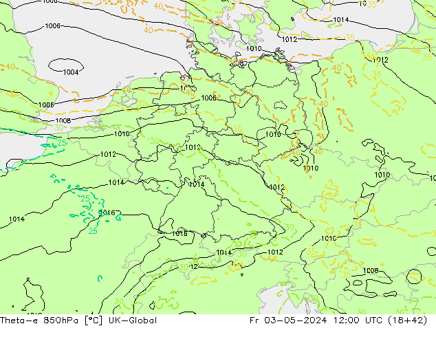 Theta-e 850hPa UK-Global Cu 03.05.2024 12 UTC