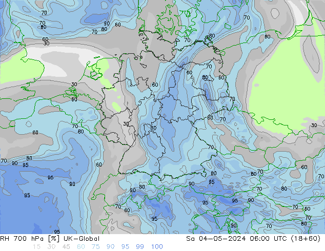 Humidité rel. 700 hPa UK-Global sam 04.05.2024 06 UTC