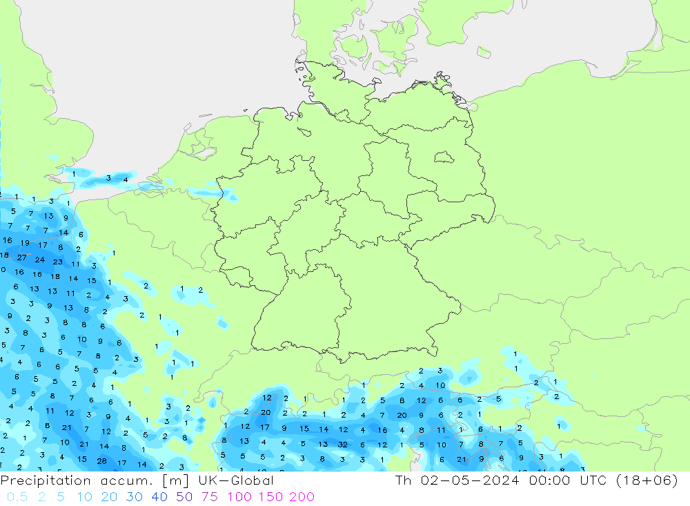 Precipitation accum. UK-Global Čt 02.05.2024 00 UTC