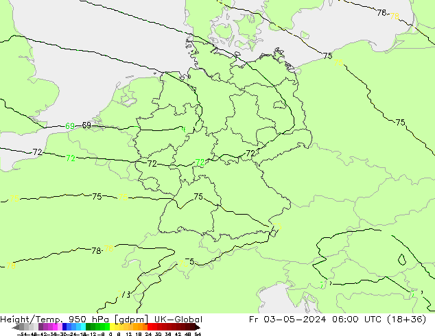 Hoogte/Temp. 950 hPa UK-Global vr 03.05.2024 06 UTC