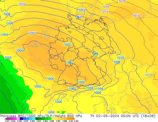 Thck 850-1000 hPa UK-Global Čt 02.05.2024 00 UTC