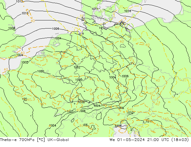 Theta-e 700hPa UK-Global We 01.05.2024 21 UTC