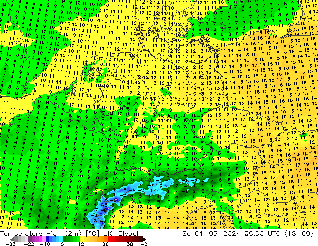 temperatura máx. (2m) UK-Global Sáb 04.05.2024 06 UTC