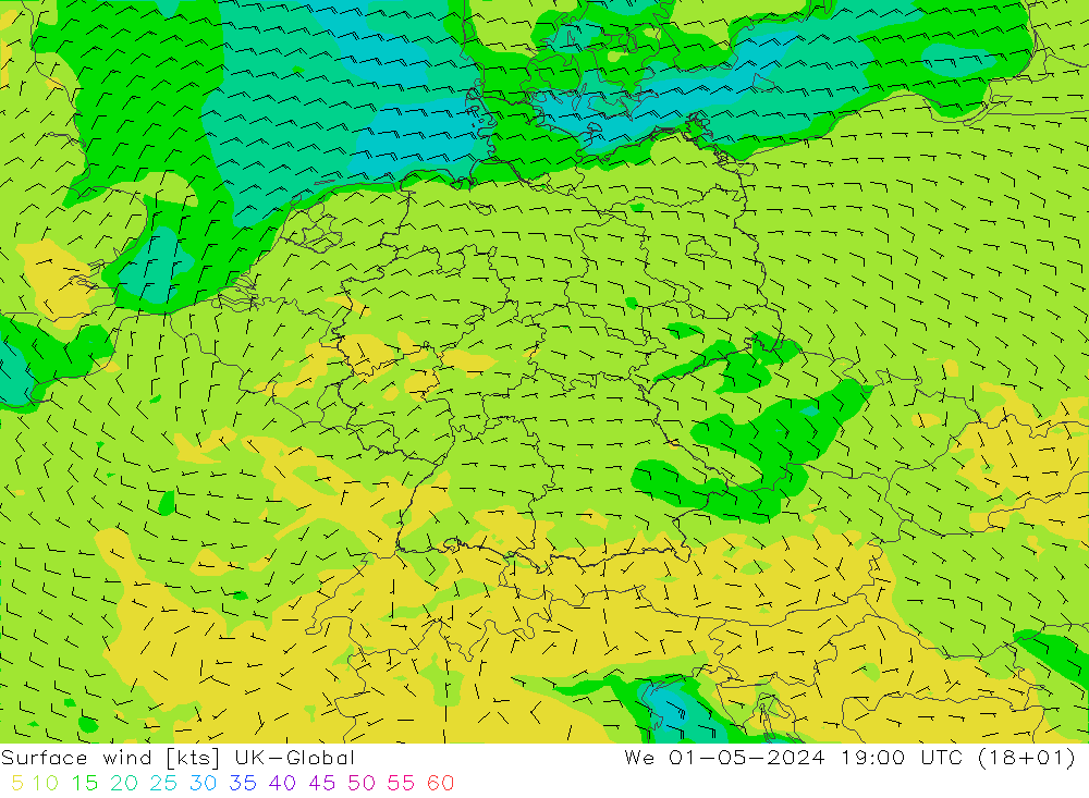 Viento 10 m UK-Global mié 01.05.2024 19 UTC