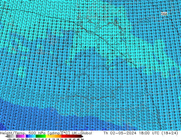 Height/Temp. 500 hPa UK-Global gio 02.05.2024 18 UTC