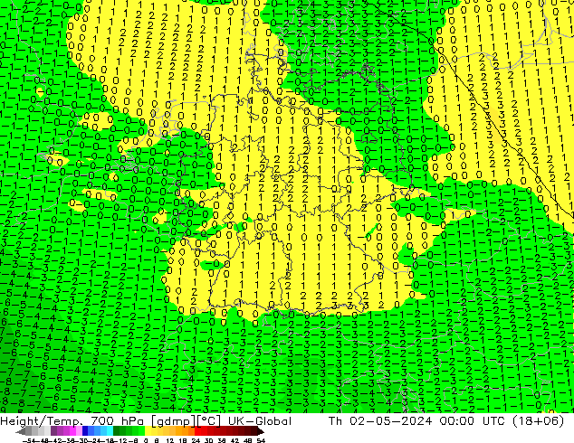 Height/Temp. 700 hPa UK-Global 星期四 02.05.2024 00 UTC