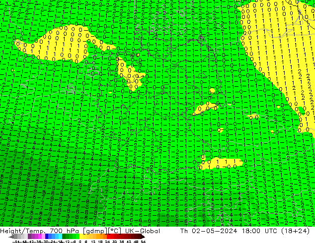 Height/Temp. 700 hPa UK-Global gio 02.05.2024 18 UTC