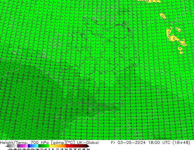 Height/Temp. 700 hPa UK-Global ven 03.05.2024 18 UTC