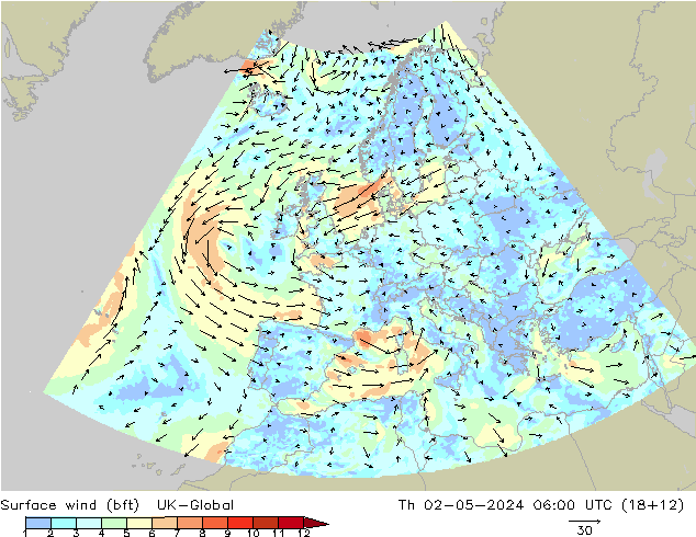 Surface wind (bft) UK-Global Th 02.05.2024 06 UTC