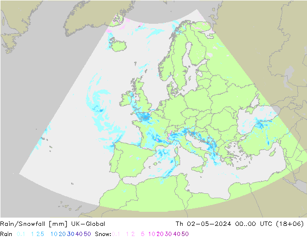 Rain/Snowfall UK-Global Qui 02.05.2024 00 UTC