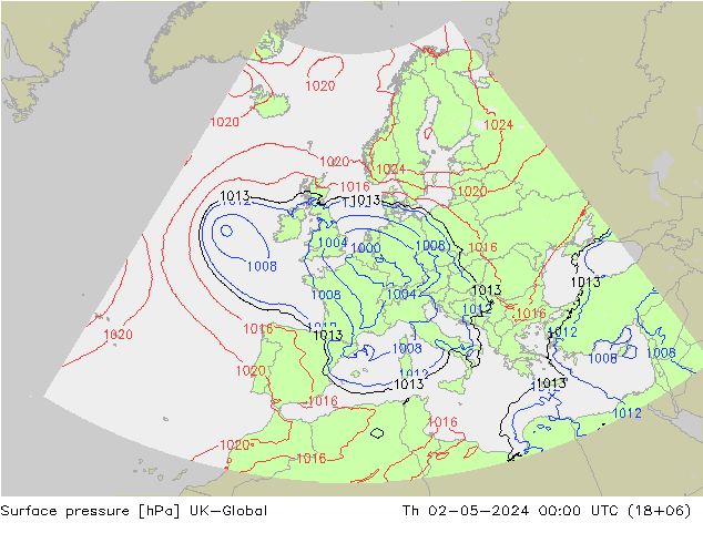 Pressione al suolo UK-Global gio 02.05.2024 00 UTC