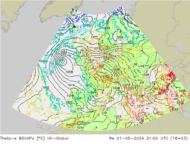 Theta-e 850hPa UK-Global mié 01.05.2024 21 UTC