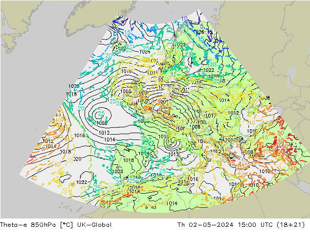 Theta-e 850hPa UK-Global jeu 02.05.2024 15 UTC