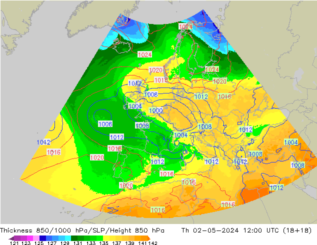 Thck 850-1000 hPa UK-Global Th 02.05.2024 12 UTC