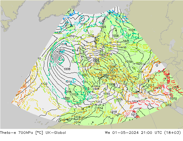 Theta-e 700hPa UK-Global mié 01.05.2024 21 UTC