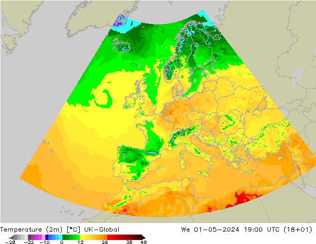 Temperatura (2m) UK-Global mié 01.05.2024 19 UTC
