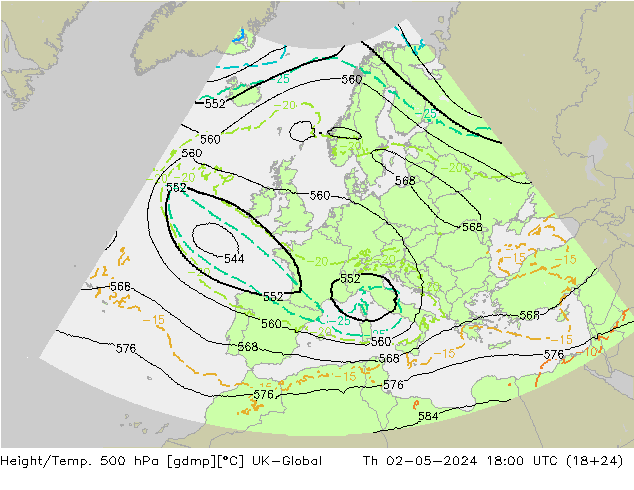 Height/Temp. 500 hPa UK-Global Th 02.05.2024 18 UTC