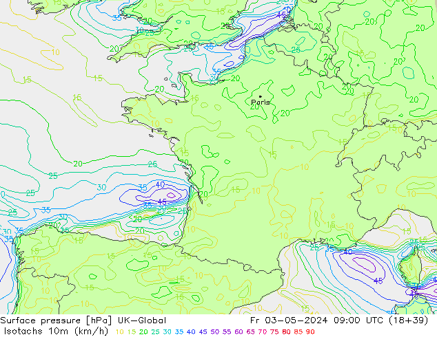 Isotachs (kph) UK-Global  03.05.2024 09 UTC