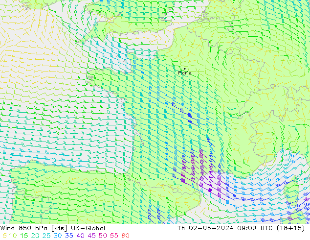 Rüzgar 850 hPa UK-Global Per 02.05.2024 09 UTC