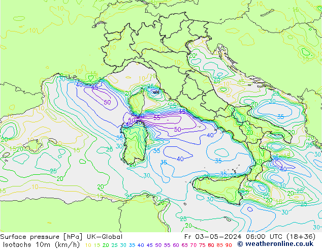 Isotachs (kph) UK-Global ven 03.05.2024 06 UTC