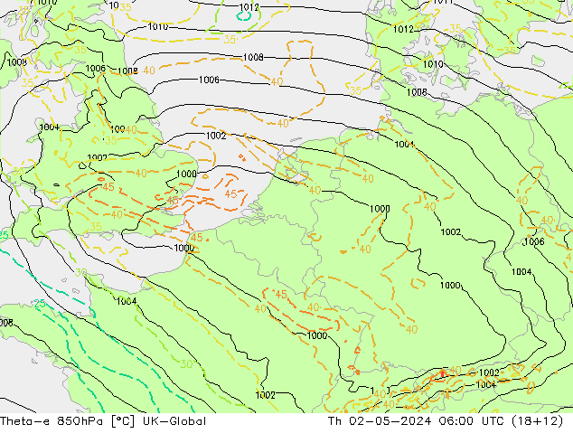 Theta-e 850hPa UK-Global Th 02.05.2024 06 UTC