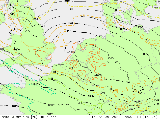 Theta-e 850hPa UK-Global Th 02.05.2024 18 UTC